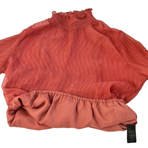 BY TOGETHER Sheer Chiffon Ruffle Mock Neck Long Sleeve Deep Orange Top Size S - Picture 11 of 14